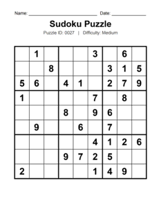 Puzzle #0027. Level: Medium. Free Printable Sudoku Puzzle. Free printable medium Sudoku puzzles for adults, seniors, classrooms, homeschooling, and brain-training activities. Download in PDF or PNG format with an answer key.
