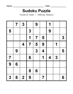 Puzzle #0028. Level: Medium. Intermediate Sudoku Puzzle. Free printable medium Sudoku puzzles for adults, seniors, classrooms, homeschooling, and brain-training activities. Download in PDF or PNG format with an answer key.