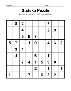 Puzzle #0029. Level: Medium. Classic Sudoku Puzzle. Free printable medium Sudoku puzzles for adults, seniors, classrooms, homeschooling, and brain-training activities. Download in PDF or PNG format with an answer key.