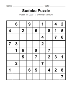 Puzzle #0030. Level: Medium. Fun Sudoku Challenge. Free printable medium Sudoku puzzles for adults, seniors, classrooms, homeschooling, and brain-training activities. Download in PDF or PNG format with an answer key.