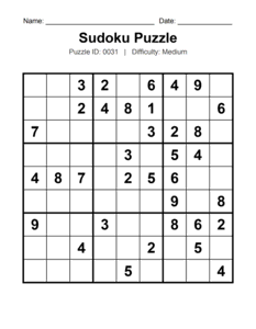 Puzzle #0031. Level: Medium. Logic Sudoku Puzzle. Free printable medium Sudoku puzzles for adults, seniors, classrooms, homeschooling, and brain-training activities. Download in PDF or PNG format with an answer key.