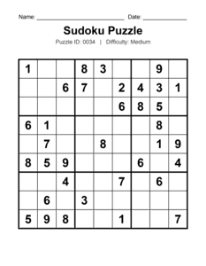 Puzzle #0034. Level: Medium. Brain Training Sudoku Puzzle. Free printable medium Sudoku puzzles for adults, seniors, classrooms, homeschooling, and brain-training activities. Download in PDF or PNG format with an answer key.