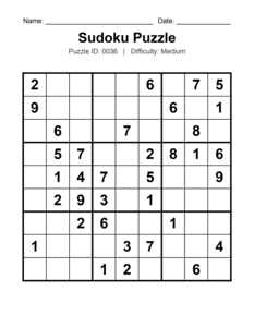 Puzzle #0036. Level: Medium. Relaxing Sudoku Puzzle. Free printable medium Sudoku puzzles for adults, seniors, classrooms, homeschooling, and brain-training activities. Download in PDF or PNG format with an answer key.