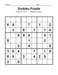 Puzzle #0037. Level: Medium. Printable Sudoku Number Puzzle. Free printable medium Sudoku puzzles for adults, seniors, classrooms, homeschooling, and brain-training activities. Download in PDF or PNG format with an answer key.