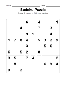 Puzzle #0038. Level: Medium. Printable Sudoku Logic Puzzle. Free printable medium Sudoku puzzles for adults, seniors, classrooms, homeschooling, and brain-training activities. Download in PDF or PNG format with an answer key.