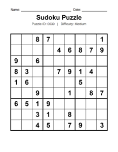 Puzzle #0039. Level: Medium. Brain Training Sudoku Puzzle. Free printable medium Sudoku puzzles for adults, seniors, classrooms, homeschooling, and brain-training activities. Download in PDF or PNG format with an answer key.