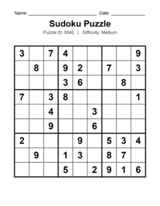 Puzzle #0042. Level: Medium. Classic Medium Sudoku Puzzle. Free printable medium Sudoku puzzles for adults, seniors, classrooms, homeschooling, and brain-training activities. Download in PDF or PNG format with an answer key.