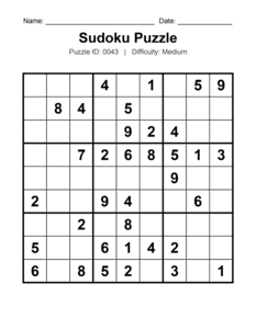 Puzzle #0043. Level: Medium. Fun Sudoku Puzzle. Free printable medium Sudoku puzzles for adults, seniors, classrooms, homeschooling, and brain-training activities. Download in PDF or PNG format with an answer key.