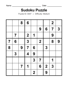 Puzzle #0047. Level: Medium. Intermediate Sudoku Puzzle. Free printable medium Sudoku puzzles for adults, seniors, classrooms, homeschooling, and brain-training activities. Download in PDF or PNG format with an answer key.