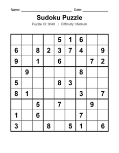 Puzzle #0048. Level: Medium. Printable Medium Sudoku. Free printable medium Sudoku puzzles for adults, seniors, classrooms, homeschooling, and brain-training activities. Download in PDF or PNG format with an answer key.