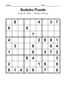 Puzzle #0049. Level: Medium. Daily Sudoku Puzzle. Free printable medium Sudoku puzzles for adults, seniors, classrooms, homeschooling, and brain-training activities. Download in PDF or PNG format with an answer key.