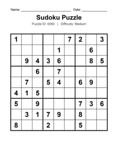 Puzzle #0050. Level: Medium. Relaxing Sudoku Puzzle. Free printable medium Sudoku puzzles for adults, seniors, classrooms, homeschooling, and brain-training activities. Download in PDF or PNG format with an answer key.