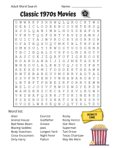 Classic 1970s Movies. Printable adult word search. Adult word search puzzles, 1970s, 70s, adult word find, printable, free, answers, hard, word search puzzle, large print, PDF.