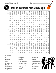 Famous 1980s Music Groups. Printable adult word search. Adult word search puzzles, 1980s, 80s, adult word find, printable, free, answers, hard, word search puzzle, large print, PDF.