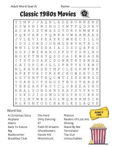 Classic 1980s Movies. Printable adult word search. Adult word search puzzles, 1980s, 80s, adult word find, printable, free, answers, hard, word search puzzle, large print, PDF.