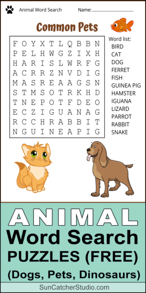 Printable animal word search, puzzles, free, dinosaurs, dog breeds, DIY, pets, farm animals, zoo, safari, ocean, sea, birds, easy, hard, kids, adults, large print, pdf, download.