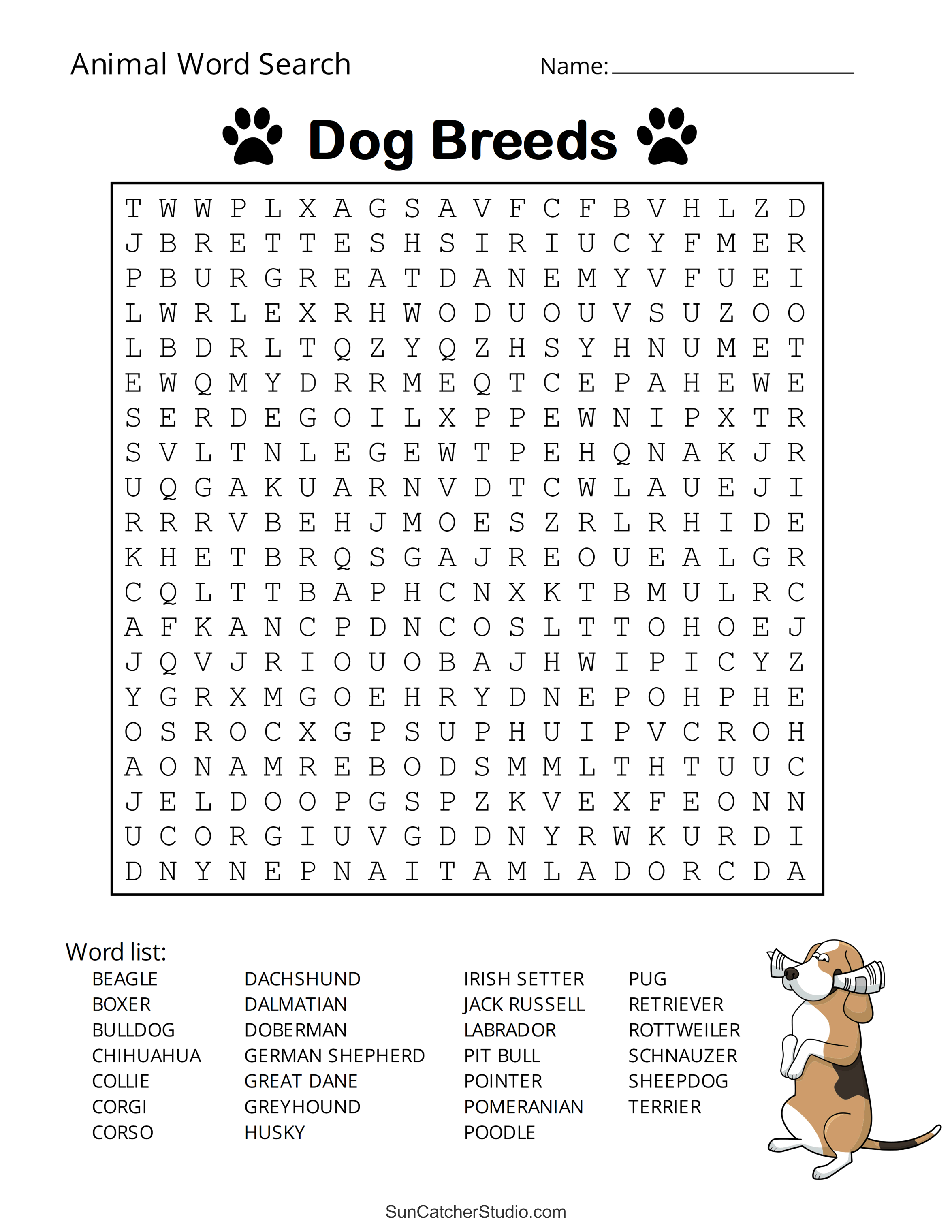 Animal Word Search Free Printable Dog Pet Dinosaur Puzzles DIY 