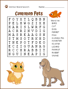 1. Common Pets. (Easy) animal word search, printable, free, pdf, puzzle, easy, hard, kids, adults, large print, download, sheet.