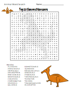 10. Top 20 Famous Dinosaurs. (Difficult)  Animal Word Search Puzzle animal word search, printable, free, pdf, puzzle, easy, hard, kids, adults, large print, download, sheet.