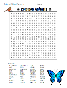 11. Common Animals. (Difficult)  Animal Word Search Puzzle animal word search, printable, free, pdf, puzzle, easy, hard, kids, adults, large print, download, sheet.