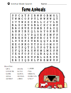 2. Farm Animals. (Medium) animal word search, printable, free, pdf, puzzle, easy, hard, kids, adults, large print, download, sheet.