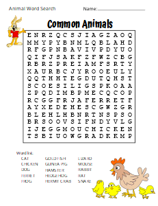 3. Common Animals. (Medium) animal word search, printable, free, pdf, puzzle, easy, hard, kids, adults, large print, download, sheet.