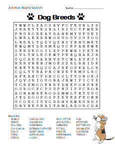 4. Dog Breeds - Types of Dogs. (Difficult) animal word search, printable, free, pdf, puzzle, easy, hard, kids, adults, large print, download, sheet.