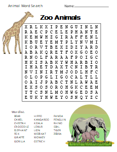 5. Zoo Animals. (Medium) animal word search, printable, free, pdf, puzzle, easy, hard, kids, adults, large print, download, sheet.