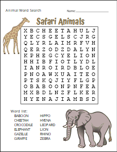 9. Safari Animals. (Easy) animal word search, printable, free, pdf, puzzle, easy, hard, kids, adults, large print, download, sheet.
