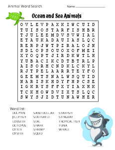 7. Ocean and Sea Animals. (Medium) animal word search, printable, free, pdf, puzzle, easy, hard, kids, adults, large print, download, sheet.