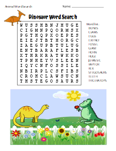 6. Dinosaur Word Search. (Easy)  Animal Word Search Puzzle animal word search, printable, free, pdf, puzzle, easy, hard, kids, adults, large print, download, sheet.