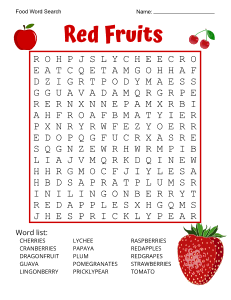 9. Printable Red Fruits Word Search. Level - Medium. Food word search, printable, free, pdf, puzzle, easy, hard, kids, adults, difficult, large print, download, sheet.