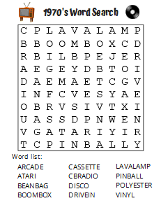Free Printable 1970s Word Search (Large Print Puzzle). Free printable large print word search puzzle, large print, easy to read, large text, adult, word find, printable, answers, answer key, PDF.