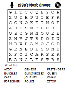1980s Music Groups Word Find (Free Large Print Printable). Free printable large print word search puzzle, large print, easy to read, large text, adult, word find, printable, answers, answer key, PDF.