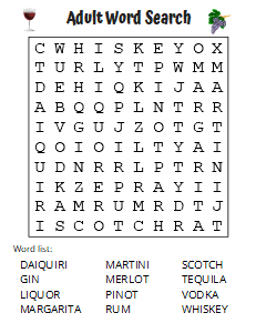 Large Print Adult Drinks Word Search Puzzle (Free Printable Worksheet). Free printable large print word search puzzle, large print, easy to read, large text, adult, word find, printable, answers, answer key, PDF.