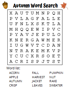 Fall Autumn Large Print Word Find Puzzle (Free Printable Worksheet). Free printable large print word search puzzle, large print, easy to read, large text, adult, word find, printable, answers, answer key, PDF.