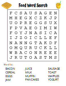 Free Printable Food Word Search (Puzzle Large Print). Free printable large print word search puzzle, large print, easy to read, large text, adult, word find, printable, answers, answer key, PDF.
