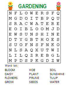 Gardening Word Find (Free Large Print Printable PDF). Free printable large print word search puzzle, large print, easy to read, large text, adult, word find, printable, answers, answer key, PDF.