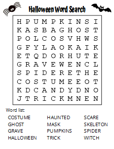 Free Large Print Halloween Puzzle (Word Search Worksheet). Free printable large print word search puzzle, large print, easy to read, large text, adult, word find, printable, answers, answer key, PDF.