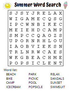 Free Summer Season Word Search (Large Print Printable). Free printable large print word search puzzle, large print, easy to read, large text, adult, word find, printable, answers, answer key, PDF.