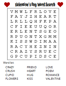 Free Valentine's Day Word Search (Printable Game). Free printable large print word search puzzle, large print, easy to read, large text, adult, word find, printable, answers, answer key, PDF.