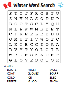 Winter Season Large Print Word Find (Free Printable PDF). Free printable large print word search puzzle, large print, easy to read, large text, adult, word find, printable, answers, answer key, PDF.