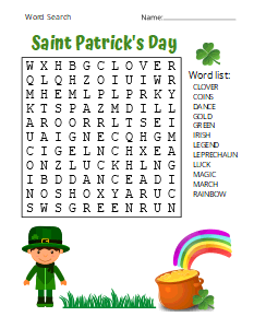 1. Saint Patrick's Day word search puzzle (Easy), free, printable, Saint Patrick's Day, St. Patrick's Day, Patrick, pdf, puzzle, easy, hard, kids, adults, large print, download, sheet.