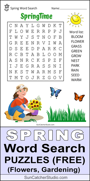 Printable spring word search puzzles, free, pdf, puzzle, easy, hard, kids, adults, DIY, large print, flowers, springtime, spring cleaning, gardening, spring showers, download.