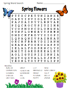 3. Printable Spring Flowers Word Search. (Medium), spring word search, printable, free, pdf, puzzle, easy, hard, kids, adults, large print, download, sheet.