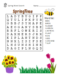 2. Kids Springtime Word Search. (Easy), spring word search, printable, free, pdf, puzzle, easy, hard, kids, adults, large print, download, sheet.