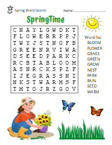1. Springtime Word Search. (Easy), spring word search, printable, free, pdf, puzzle, easy, hard, kids, adults, large print, download, sheet.