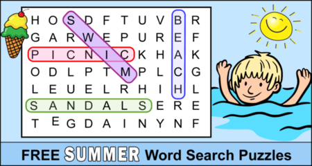 Free, printable, summer word search, puzzle, pdf, easy, hard, kids, challenging, adults, large print, word find, summer time, download.