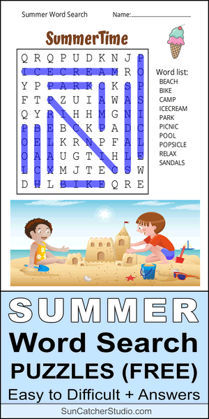 Free, printable, summer word search, puzzle, pdf, easy, hard, kids, challenging, adults, large print, DIY, word find, summer time, download.