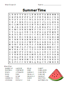 6. Summer Time Word Find (Difficult), summer word search, printable, free, pdf, puzzle, word find, easy, hard, kids, adults, large print, download, sheet.